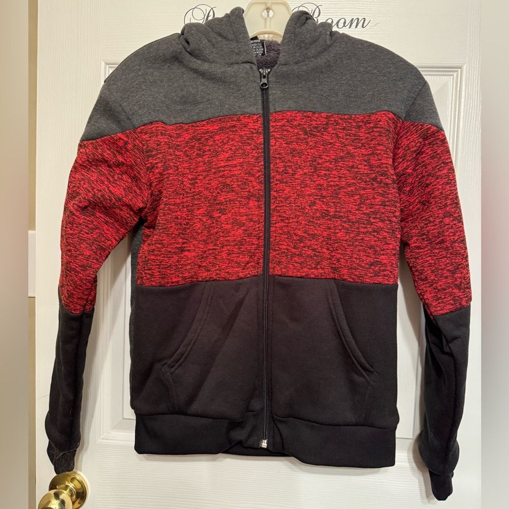 Open Trails Size L (12/14) Boy's Black Gray Red Faux Fur Lined Hooded Jacket NEW